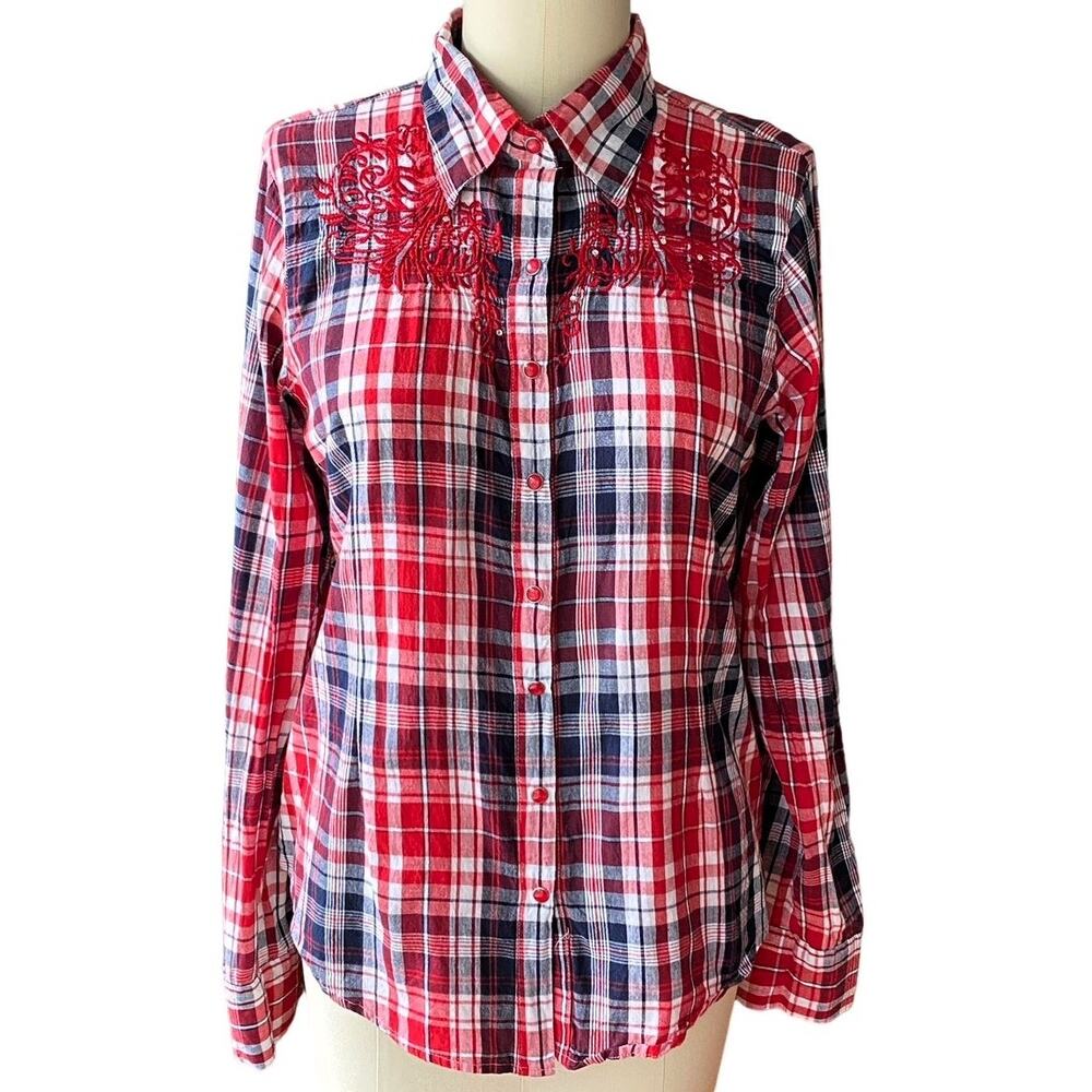 CATTLEAC RANCH Red Blue Plaid Embroidered Western 23Snap Up Top ~ Women's XL